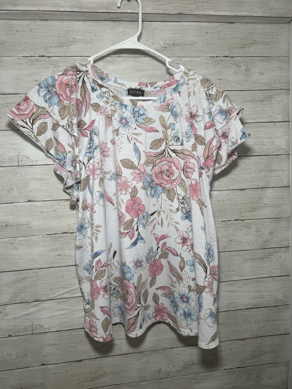 Link Women’s Blue and Pink Ruffle Short Sleeve Blouse XL Cute Shirt